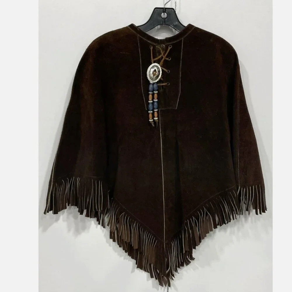 Vintage 70s Brown Suede Leather Fringe Poncho Cape Western Boho Hippie Beaded - Picture 1 of 7